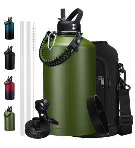 Stainless Steel Water Bottles 128oz Cold-48h Vacuum Insulated 1 Gallon Jug Large Water Bottle with Straw & Chug Lid, Paracord Handle, Strap Carry Bag, Metal Tactical Canteen