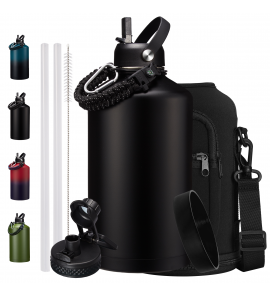 128 oz Water Bottle with Straw & Spout Lids - 1 Gallon Insulated Water bottle,Wide Mouth Metal Canteen Thermo Flask,Leak-proof Large Water Jug,Black