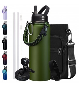 Stainless Steel Sports Water Bottle 40 Oz Insulated Water Jug with Straw & Auto Spout Lid, Paracord Handle, Bottle Sleeve, Cold 48H Hot 24H, Sweat-Proof Tactical Flask