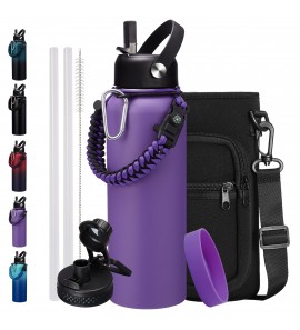 Insulated Water Bottle with Straw - 40 oz Stainless Steel Water Bottle with Auto Spout Lid, Strap Carrier Bag, Paracord Handle, Protective Cup Mat, Leak-proof Metal Jug Keep Cold 48H Hot 24H, Purple
