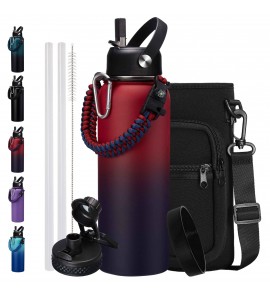 40 oz Insulated Water Bottles with Straw Spout Lids, Stainless Steel Water Bottle with Shoulder Carrier Bag, Paracord Handle, Protective Boot, Wide Mouth Water Flask Sports Hydro Jug for Men Women