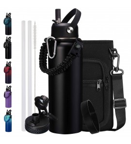 40oz Insulated Water Bottle with Straw - Auto Spout Lid, Strap Sleeve, Paracord Handle, 40 oz Stainless Steel Water Bottles Keep Cold 48H Hot 24H, Metal Thermo Jug for Gym Sports Hiking, Black