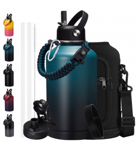 64oz Insulated Water Bottle with Straw - Spout Lid, Carrying Sleeve, Paracord Handle, Double Wall Half Gallon Stainless Steel Water Bottles Keep Cold-48h & Hot-24h, 1/2 Gallon Water Jug, Metal Flask