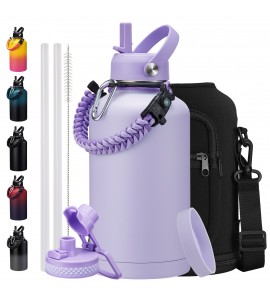 64 oz Water Bottle Insulated Cold-48h Hot-24h, Stainless Steel Half Gallon Water Jug with Straw, Pop-up Chug Lid, Carrier Bag, Paracord Handle, Leak-proof Metal Flask