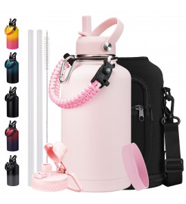 Half Gallon Water Bottle Insulated, Stainless Steel (Cold 48H), 64 oz Water Jug with Paracord Handle, Straw Spout Lids, Carrier Case, Leak-proof Metal Flask for Women