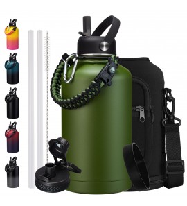 Stainless Steel Water Bottles 64oz Cold-48h Vacuum Insulated Half Gallon Jug with Straw & Chug Lid, Paracord Handle, Strap Carry Bag, Metal Tactical Canteen