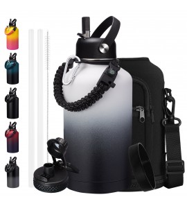 Half Gallon Water Bottle with straw - Auto Spout Lids, Carrier Holder, Paracord Handle, 64oz Vacuum Insulated Water Bottle Keep Cold 48H Hot 24H, Sweat-Proof 2 Liter Stainless Steel Water Jug