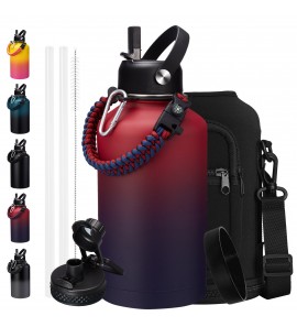 64oz Stainless Steel Water Bottles - Vacuum Insulated Water Bottle with Straw & Spout Lids, Half Gallon Water Jug with Carrier Bag, Paracord Handle, Leak Proof Metal Water Flask for Sports Gym Travel