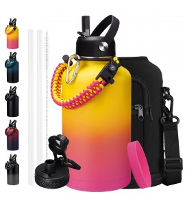 Insulated Water Bottle 64oz with Straw - Pop-up Spout Lid, Carrying Pouch, Paracord Handle, Half Gallon Stainless Steel Jug Cold 48H Hot 24H, Metal Canteen, Thermo Flask for Sports Gym