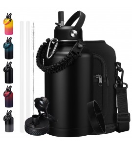 64 oz Insulated Water Bottle with Straw & Auto Spout Lids, Paracord Handle, Strap Carrier & Protective Boot, Half Gallon Water bottle, Wide Mouth Metal Canteen Thermo Flask, Leak-proof Hydro Jug