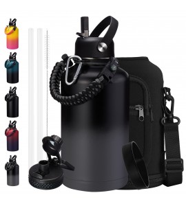 Half Gallon Insulated Water Bottle - 64 oz Stainless Steel Water Bottles with Straw Spout Lid, Paracord Handle, Shoulder Carrier Bag, Leak Proof BPA Free Water Flask Jug, Keep Cold-48H & Hot-24H